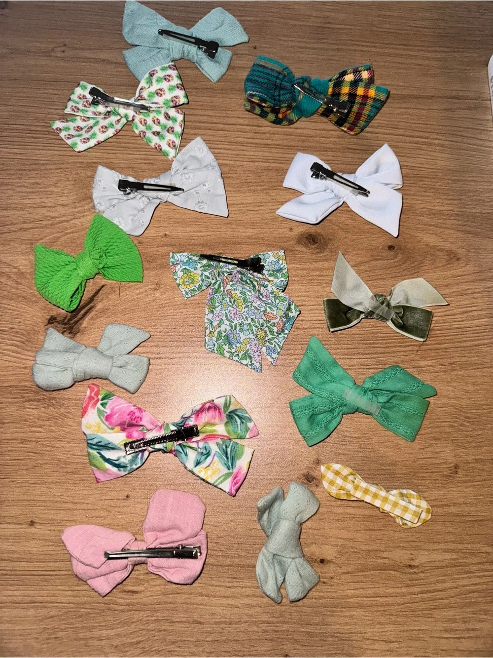 Handmade Kids Bow Clip Set — Assorted Green, White, Pink Floral